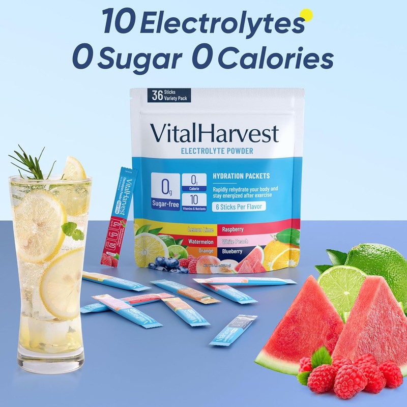 VitalHarvest 36 Sticks Electrolytes Powder Packets 6 Flavors Sugar Free