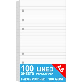 Refills Paper - A6 Lined Paper for Filofax Personal Binder Planner, White 100gsm Ruled Pages, 6 Hole Punched, 100 Sheets/200 Pages, 9.5 x 17.1cm