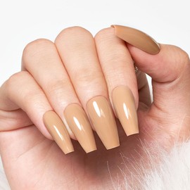 Glossy Nude Press On Nails Short,WOOYAS Gel Polish Fall Fake Nails Medium Coffin,Opaque Reusable 24PCS False Nail Kit, 12Sizes with Nail Glue and Nail Sticks, mothers day gifts for mom