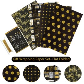 Larcenciel Birthday Wrapping Paper Set, Gift Wrapping Paper 4 Sheets with 4 Pieces Labels + 1 Roll of Packing Rope Black Gold Design Wrapping Paper for Graduations, Baby Shower (70 x 50 cm)