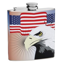 Hip Flask Gift Set with Refill Funnel and 2 Stainless Steel Shot Glasses - American Flag with Bald Eagle Design - Multicolor Wrapped Vinyl Finish - 6 oz Flask - Gift Box Included