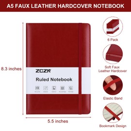 ZCZN 6 Pack Lined Journal Notebooks, 192 Pages A5 Hardcover Leather Journals for Work,Writing,School & Travel, College Ruled Journaling Notebooks for Notes Taking,Diary Notepad (Red*6)