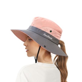 ECOMBOS Womens Sun Hats Wide Brim UV Protection Mesh Foldable Ponytail Bucket Fishing Hat Beach Cap for Fishing Hiking Gardening Outdoor Pink