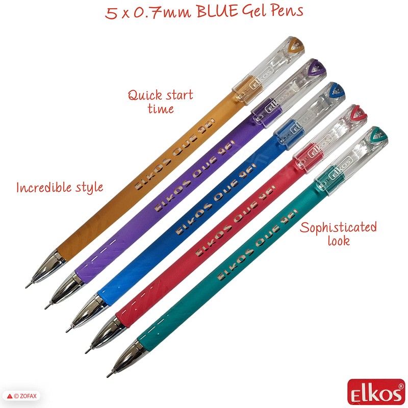 ELKOS BLUE Gel Pens, 0.7mm Fine Point, Pack of 5,