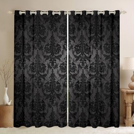Gothic Curtains for Living Room Adults Black Damask Blackout Curtains,Victorian Curtains & Drapes 2 Panels 38"Wx45"L Vintage Baroque Goth Window Curtains Antique Black Floral Bohemian Decor,Grey