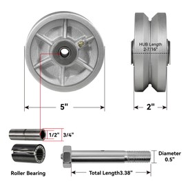 5 Inch V-Groove Steel Wheel, 7/8" Wide 90° Groove, Fits 1" Angle Iron Track, Heavy Duty Industrial Track Wheel with Relief Groove, High Load Capacity（4 Pack）