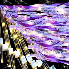 YOFOBU 30Pack Purple Light Up Wands,Wedding Wands with 3 Colorful Flashing Modes,LED Silk Fairy Wands with Bells,Glow Ribbon Streamers for Wedding,Mardi Gras,Mother's Day,July 4th,Birthday
