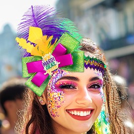 Formery Mardi Gras Feathers Headband Feather Sequins Carnival Parade Hairband Elastic Glitter Bow 1920s Masquerade Hair Accessories for Women and Girls