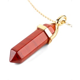 LAVISA Obelisk Gemstone Necklace, Gold Pendant, Genuine Crystal Necklace, Rose Quartz, Amethyst, Natural Stone, 55 + 5 cm, Stainless Steel