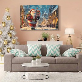 YONICA Christmas Wall Decor Santa Canvas Wall Art Home Decorations Santa Pictures Christmas Town Christmas Pine Tree Prints Winter Painting Xmas Artworks for Living Room Bedroom 16x12 Inches