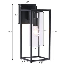 15.7 Inch Outdoor Wall Lights, Black Outdoor Wall Lantern with Square Clear Glass Shade, Waterproof Exterior Lighting Fixtures, Modern Front Porch Lighting for House, Garage, E26 Base, ETL Listed