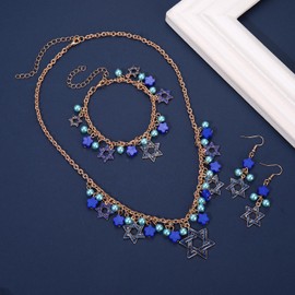 Hanukkah Earrings Bracelets Necklace Glitter Star of David Earrings Blue Pearl Beads Star of David Charms Bracelet Necklace Jewelry Set for Women Jewish Festival of Lights Chanukah Jewelry Accessory (hanukkah jewlery set A)