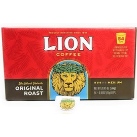 Lion Coffee Single Serve Coffee Pods ORIGINAL Roast (Pack of 54) with Exclusive Lion Coffee Factory Direct Brand Registered Sticker, AN ISLAND FAVORITE