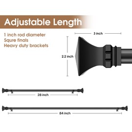 Curtain Rods for Windows 48 to 84 inch with Square Finials, Easy Install Rust Proof Decorative Drapery Rods for Outdoor Patio Bedroom Living Room, 1 inch Diameter, Matte Black