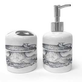 Ambesonne Autumn Soap Dispenser & Toothbrush Holder Set, Hand Drawing Mushroom Oak Leaf Snail Fall Season Cranberry Forest Composition, Ceramic Bathroom Toiletry Accessories, 2 Pcs, Dark Blue Grey