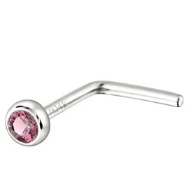 Jewelry Avalanche Solid 14K Gold L-Shape Stud Bezel Set Pink Tourmaline 22G L-Bend Nose Stud - 14K White Gold / 14K Yellow Gold October Birthstone Nose Ring Stud, Metal, tourmaline