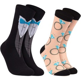 dierjueyers 2 Pairs Bride and Groom Wedding Socks - Novelty Tuxedo and Diamond Ring Designs, One Size (US, Alpha, One Size, Regular, Regular, 2, black)