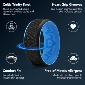 King Will Silicone Wedding Rings For Men, Black & Blue Rubber Wedding Bands with Celtic Knot Pattern, 8mm Wide 2.2mm Thick, Comfort Fit Size 12
