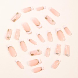 24 Pcs Press on Nails Medium Square,LINMEIZAI White French Fake Nails Press ons Nail Tips Glue on Nails Full Cover Acrylic Nail Art Kit False Nails Rhinestone Marble Gold Foil Glitter Design for Women