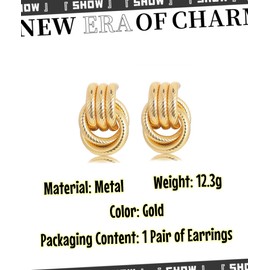 Ticome Chunky Gold Knot Earrings, Gold Statement Geometric Dangle Drop Earrings,Vintage Metal French Style Chunky Trendy Knot Stud Long Twisted Link Jewelry, Fashionable Jewelry Gifts