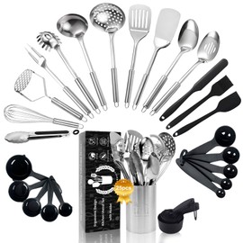 Stainless Steel Cooking Utensils Set, 25pcs Kitchen Utensils Set with Holder, Heat Resistant Kitchen Utensils Sets for Cooking with Turners, Potato Masher, Skimmer, Spoons, Tongs, Whisk