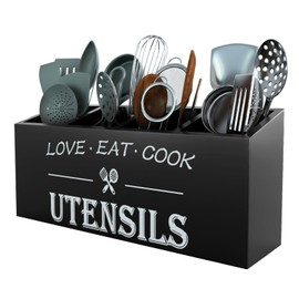 Wingsife Utensils Holder with 4 Compartments, Bamboo Utensil Organizer for Kitchen Countertop, Silverware Caddy Cutlery Holder for Flatware Fork Spoon Spatula, Cooking Utensil (Black Pine Wood)