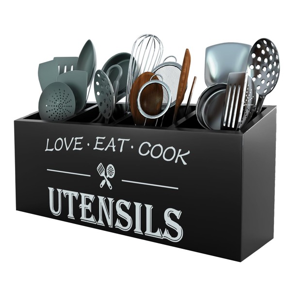 Wingsife Utensils Holder with 4 Compartments, Bamboo Utensil Organizer for