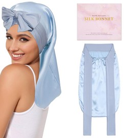 AWAYTR 100% Mulberry Silk Bonnets Long Hair Bonnets Ladies Tie Band Nightcap for Sleeping Hair Care Hair Wrap for Braids Curly Hair Gifts Pink Headwear - Color: Sky Blue