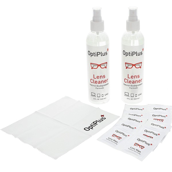 OptiPlus 16oz Lens Cleaning Care Pack | All Natural Eyeglass Cleaning Kit | Eyeglass Cleaner Spray | Lens Wipes | Microfiber Cloth | VOC and Alcohol Free