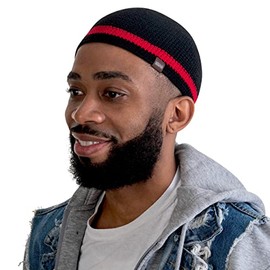SnugZero Skull Cap for Men - Handmade Knit in Breathable Cooling Bamboo Cotton - Helmet Liner Sleep Kufi Hat, Black with Red Stripe