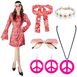 Hippie D10 Women's Hippie Costume, 60s 70s Outfit, Hippie Headband, Headband, Glasses, Necklace, Earrings, Disco Outfit, Hippie Accessories, Women's Dress for Carnival Party