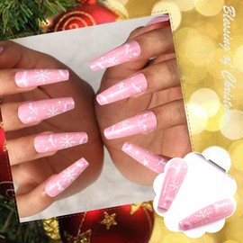 Aceorna Long Coffin Press on Nails Snowflake Matte Fake Nails Xmas Full Cover Acrylic Nail Christmas False Nails for Women and Girls 24PCS (Type D)