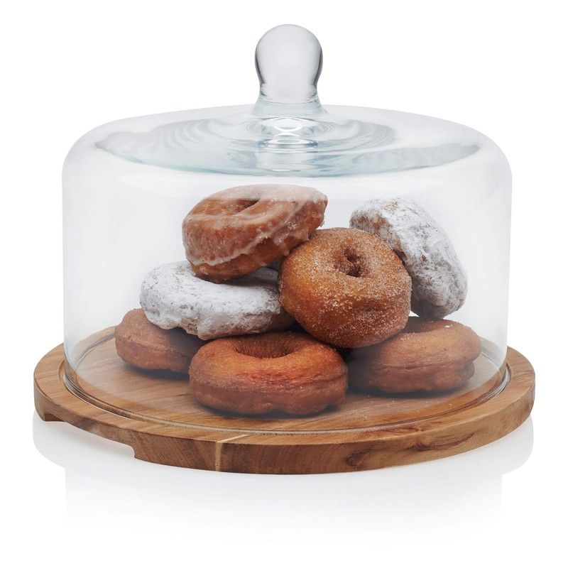 Libbey Acaciawood Flat Round Wood Server with Glass Dome