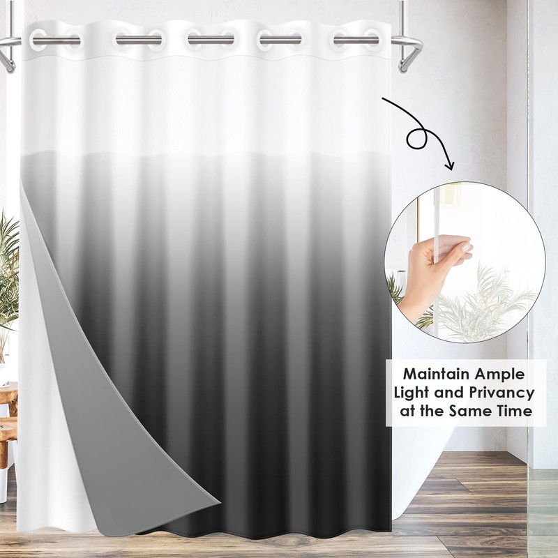 Nesphy No Hook Ombre Black and Grey Shower Curtain with