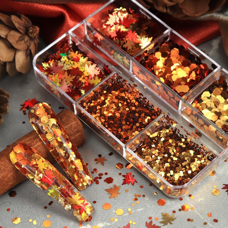 6 Grid Fall Maple Leaf Glitter Sequins Nail Accessories Thanksgiving