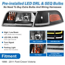 telpo Headlight Assembly Fit For 1998-2011 Ford Crown Victoria w/LED DRL Sequential Turn Light 98 99 00 01 02 03 04 05 06 07 08 09 10 11 Victoria w/Corner Headlamp (Black Housing Amber Reflector)