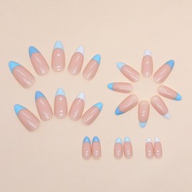 RikView French Tip Nails - Almond Press On Nails, Medium, Glossy, Blue, 24 PCS