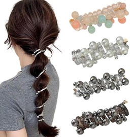 4 Pcs Pearl Telephone Wire Hair Bands Colorful Artificial Pearl Hair Ties for Ponytail Holder Phone Cord Spiral Hairbands for Women Girls Wedding Birthday Daily Use Elastic Accessory