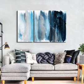 Blue and White Abstract Wall Art 3 Pieces Brushstroke Line Drawing Canvas Pictures Bedroom Wall Decor Large Watercolor Minimalist Print Paintings Artwork for Living Room Office Home Decoration 16x32"