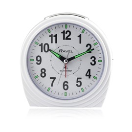 Ravel - Large Art Deco Bedside/Mantel Quartz Alarm Clock with Silent Sweep Second Hand, Snooze and Light - RC035.4 - Gloss White