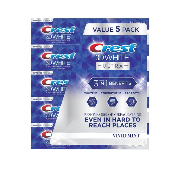 Crest 3D White Ultra Whitening Toothpaste, Vivid Mint, (5.6 Ounce, 5 Pack)