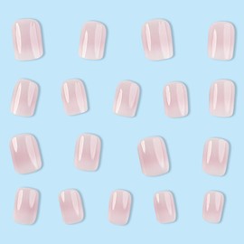 Pink Press on Nails Pink Short Fake Nails Gradient Pink White False Nails with Gradient Designs Square Shaped Glue on Nails Cute Stick on Nails Full Cover Acrylic Nails Glossy Artificial Nails 24Pcs