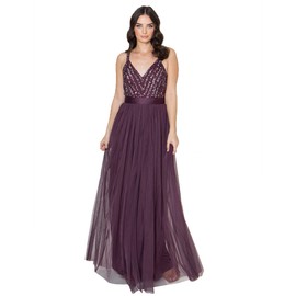 Maya Deluxe Women's Maxi, Evening Dress, Elegant for Wedding, with V-Neck, Tulle Dress, Bow Bridesmaid Dress, berry
