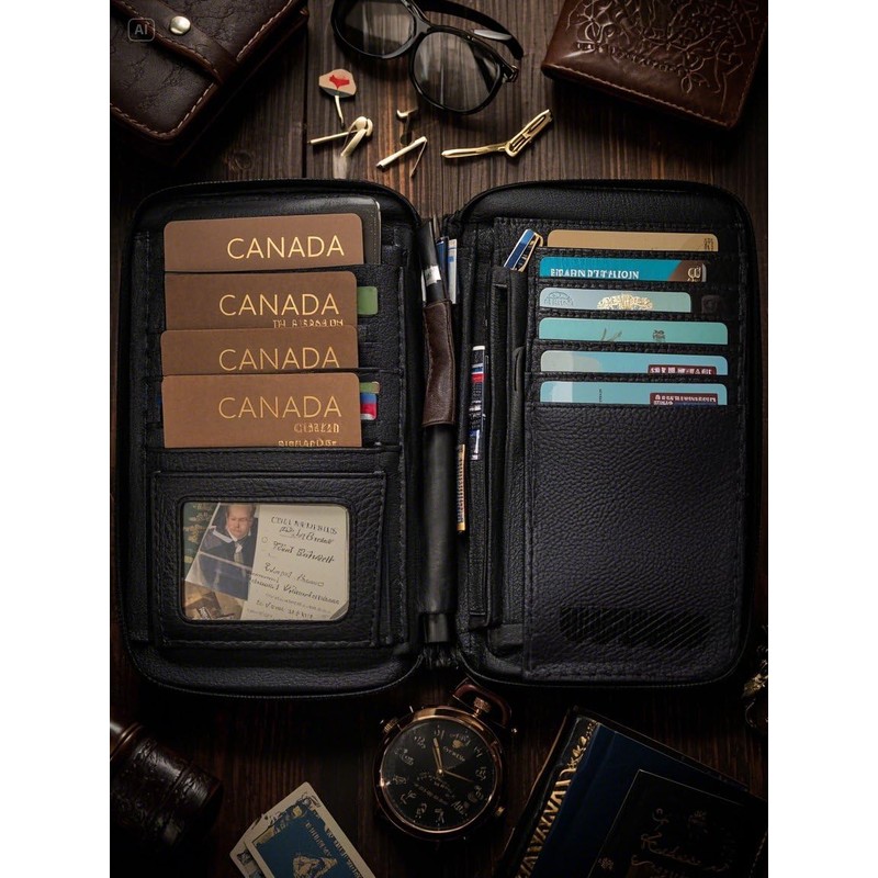 Premium Leather Travel Passport Wallet, Multi-Card Document Organizer with Canadian