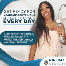 MineralStream LED Ionic Shower Head Kit with Replacement Beads + Hose + Shower Holder + Arm Diverter| High Pressure Handheld Showerhead with LED Lights for Spa like Experience