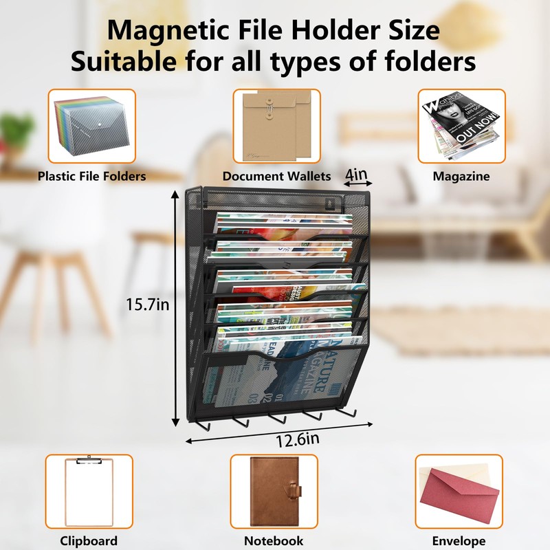 KZWKRG 6 Tier Magnetic File Holder with Hook, Magnetic File