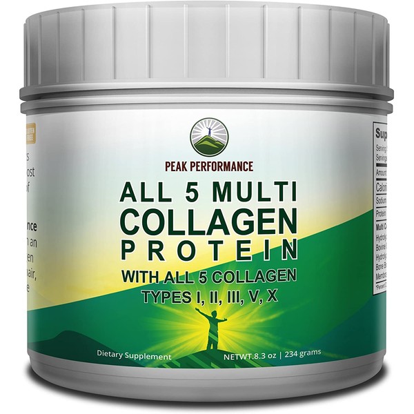 All 5 Multi-Collagen Protein Powder Peptides by Peak Performance. Multi-Collagen Contains All Types I, II, III,V, X. Keto, Paleo Friendly with Hydrolyzed Bovine, Marine, Chicken, Bone Broth Collagens