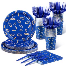 Baderke 120 Pcs Cartoon Blue Birthday Party Supplies Paper Cups, 7 Inch and 9 Inch Plates, Napkins, Forks Tableware Set for Cartoon Video Games Party Decoration