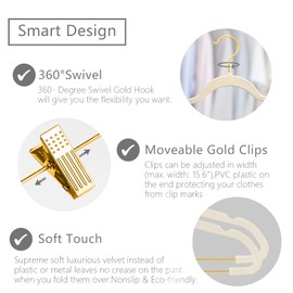 MIZGI Premium Velvet Pants Hangers with Adjustable Clips (Pack of 20) - Slim Skirt Hangers - Non Slip Felt - Ivory/Gold