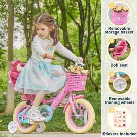 Glerc Maggie Girls Bike, 14 Inch Kids Bike for 3-5 Years Old Children, Princess Style Kids Bicycle with Doll-Seat & Basket & Training Wheels, Pink